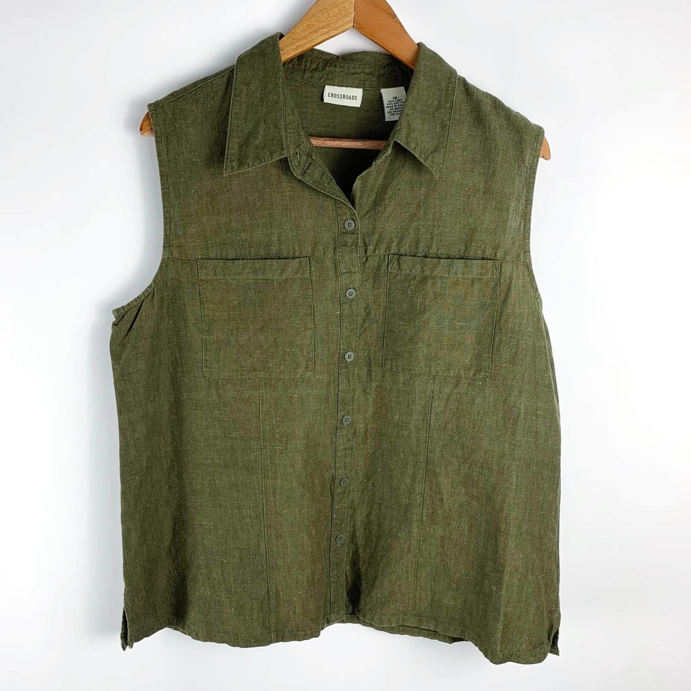 Vintage Linen Army Green Button Up Tank Shirt